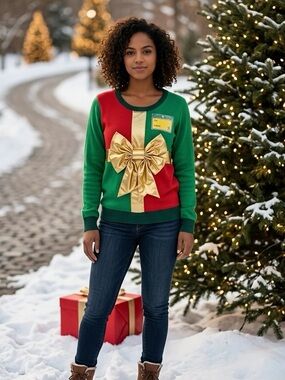 NWT Tipsy Elves Unisex Green Red Ugly Christmas Present Sweater Holiday - Size M